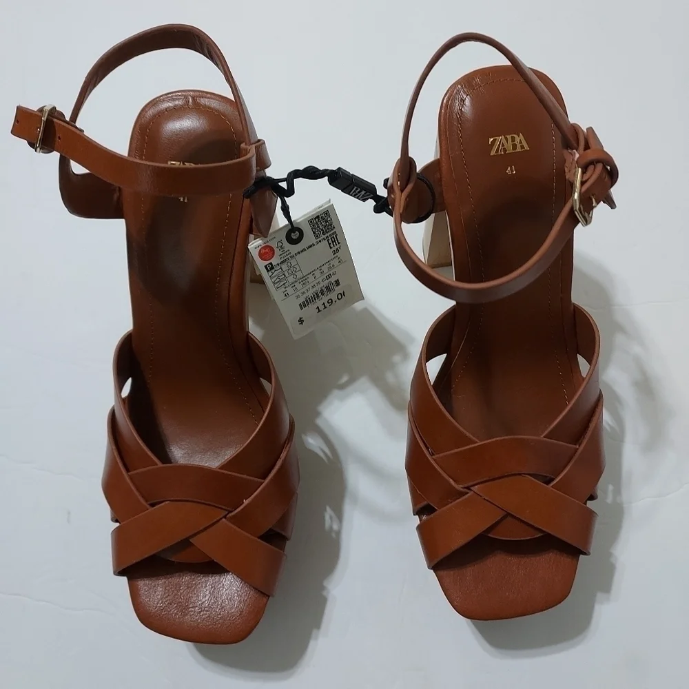 Zara Leather Platform block Wooded heel Crossed Straps sandal Sz-10